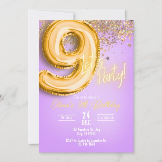 Purple Glitter 9th Birthday Invitation 招待状 (正面)