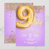 Purple Glitter 9th Birthday Invitation 招待状 (正面/裏面)