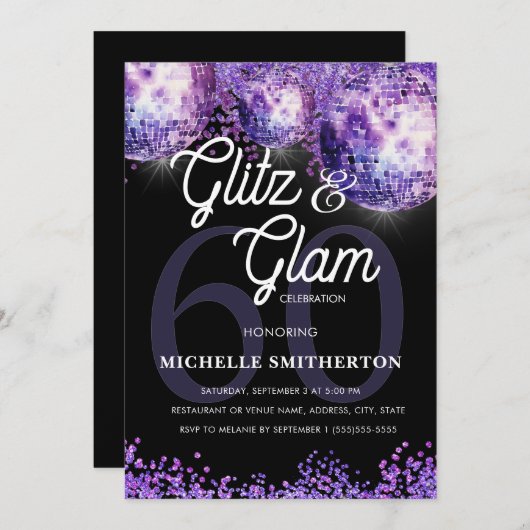Purple Glitter Disco Glitz Glam 60th Birthday Invi 招待状 (正面/裏面)