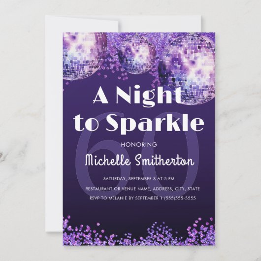 Purple Glitter Disco Night to Sparkle Glam 60th  招待状 (正面)