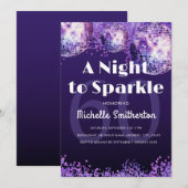 Purple Glitter Disco Night to Sparkle Glam 60th  招待状 (正面/裏面)