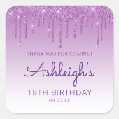 Purple Glitter Drip 18th Birthday Party Thank You スクエアシール (正面)