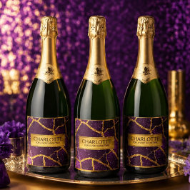 Purple Glitter Gold Geometric Mosaic Luxe Glamorou スパークリングワインラベル