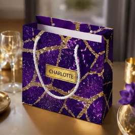 Purple Glitter Gold Geometric Mosaic Luxe Glamorou ラージペーパーバッグ