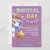 Purple Glitter rainbow unicorn 2nd birthday  招待状 (正面)