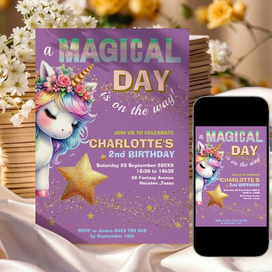 Purple Glitter rainbow unicorn 2nd birthday  招待状