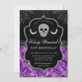 Purple Glitter Skull and Spider Web 21st Birthday 招待状