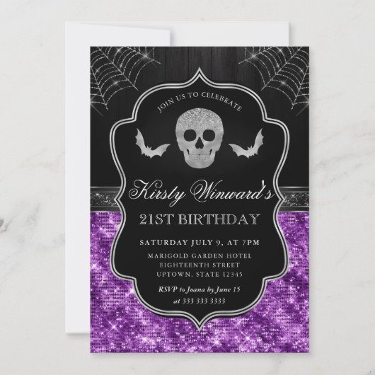 Purple Glitter Skull and Spider Web 21st Birthday 招待状 (正面)