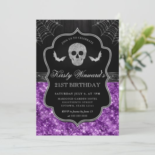 Purple Glitter Skull and Spider Web 21st Birthday 招待状 (スタンド正面)
