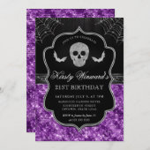 Purple Glitter Skull and Spider Web 21st Birthday 招待状 (正面/裏面)