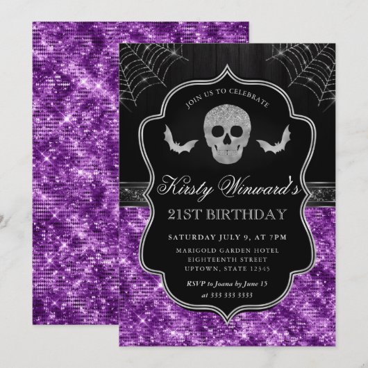 Purple Glitter Skull and Spider Web 21st Birthday 招待状 (正面/裏面)