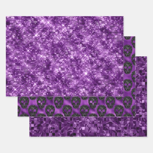 Purple Glitter Skull Halloween Pattern Design ラッピングペーパーシート (セット)