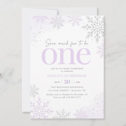 Purple Glitter Snowflake 1st Birthday 招待状 (正面)