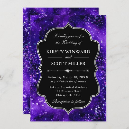 Purple Glitter Sparkle Elegant Wedding 招待状 (正面/裏面)