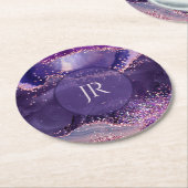 Purple glittery agate texture monogram ラウンドペーパーコースター (アングル)