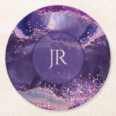 Purple glittery agate texture monogram ラウンドペーパーコースター (正面)
