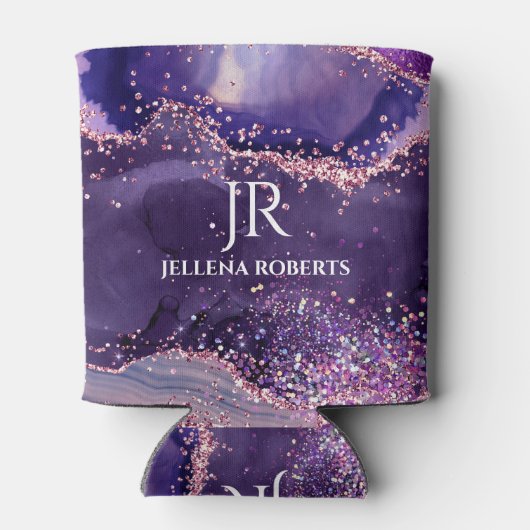 Purple glittery agate texture monogram 缶クーラー (裏面)
