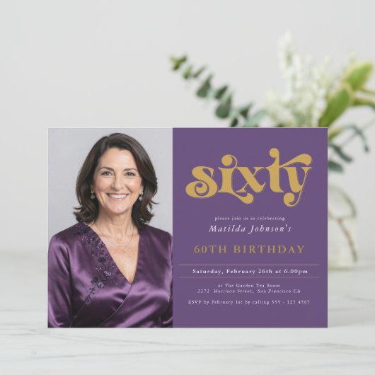 Purple Gold 60th Birthday Invitation 招待状 (スタンド正面)