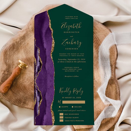 Purple Gold Agate Dark Green Meal Options Wedding オールインワン招待状