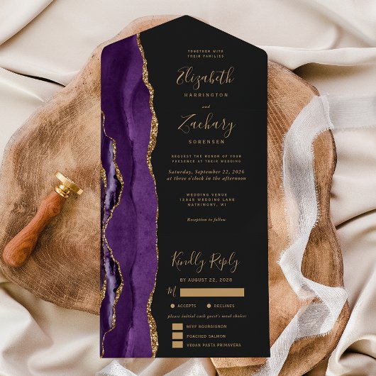 Purple Gold Agate Dark Meal Options Wedding オールインワン招待状