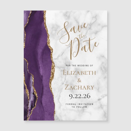 Purple Gold Agate Marble Magnetic Save the Date (正面)
