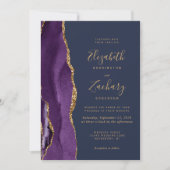 Purple Gold Agate Navy Blue QR Code Wedding 招待状 (正面)