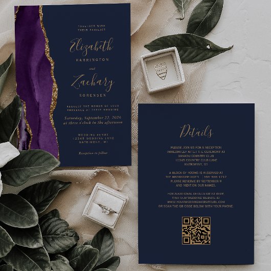Purple Gold Agate Navy Blue QR Code Wedding 招待状