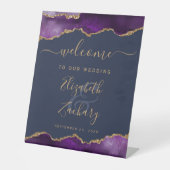 Purple Gold Agate Navy Blue Wedding Welcome 台座サイン (正面)