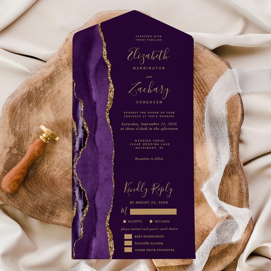 Purple Gold Agate Plum Meal Options Wedding オールインワン招待状
