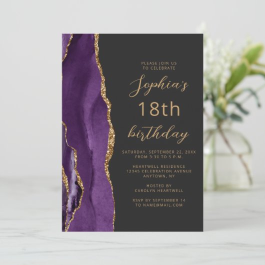 Purple Gold Agate Script Dark 18th Birthday 招待状 (スタンド正面)