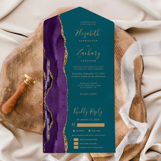 Purple Gold Agate Teal Blue Meal Options Wedding オールインワン招待状