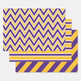 Purple, Gold, and White Chevron & Stripe Pattern ラッピングペーパーシート