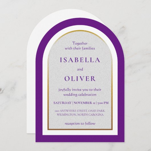 Purple gold and white simplistic wedding 招待状 (正面/裏面)