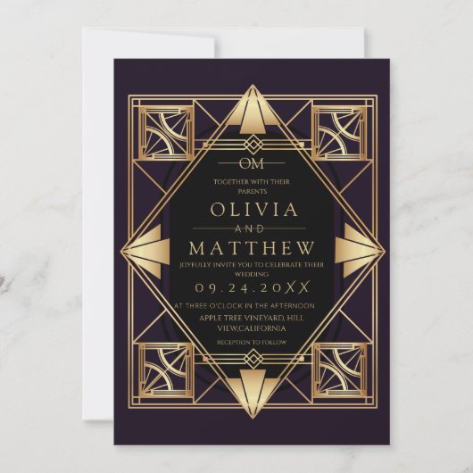 Purple & Gold Art Deco Wedding Invitation  招待状 (正面)