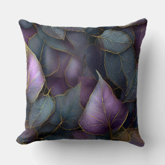 Purple Gold Botanical Leaves Throw Pillow クッション