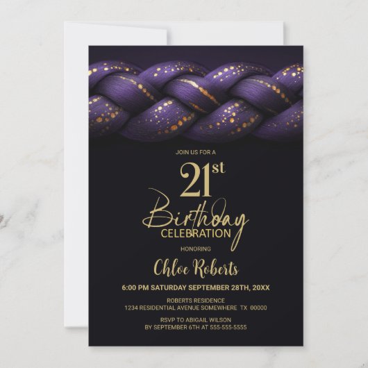 Purple Gold Braid 21st Birthday Party 招待状 (正面)