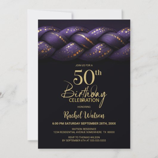 Purple Gold Braid 50th Birthday Party 招待状 (正面)