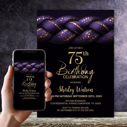 Purple Gold Braid 75th Birthday Party 招待状