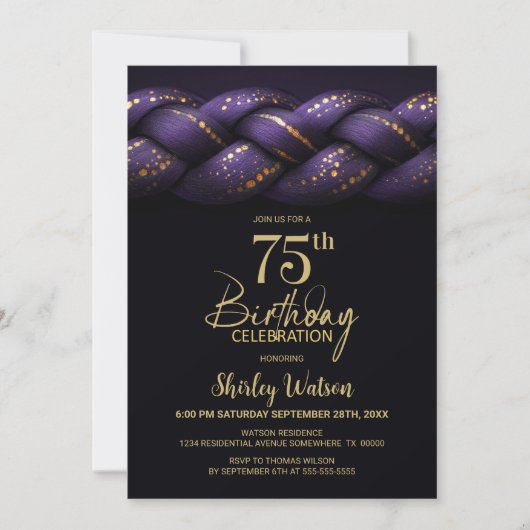 Purple Gold Braid 75th Birthday Party 招待状 (正面)