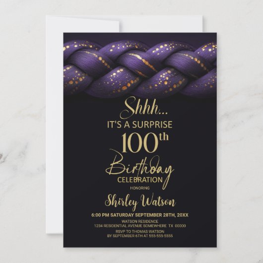 Purple Gold Braid Surprise 100th Birthday Party 招待状 (正面)