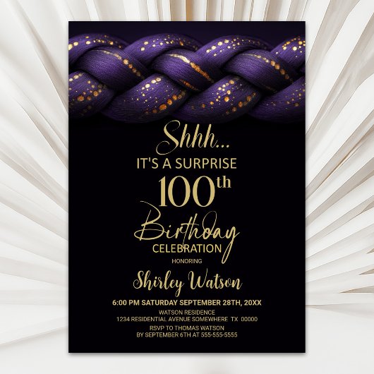 Purple Gold Braid Surprise 100th Birthday Party 招待状