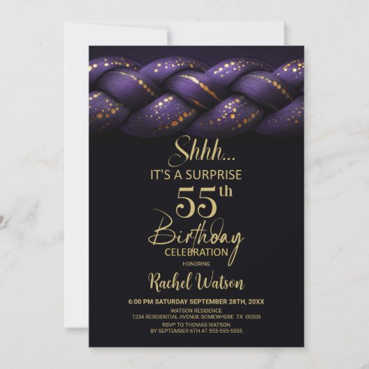 Purple Gold Braid Surprise 55th Birthday Party 招待状 (正面)