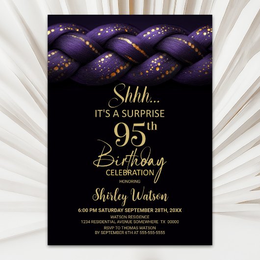 Purple Gold Braid Surprise 95th Birthday Party 招待状