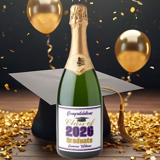 Purple Gold Class of 2026 Custom Graduation Party スパークリングワインラベル