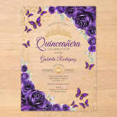 Purple Gold Floral Quinceanera アクリル招待状 (正面)