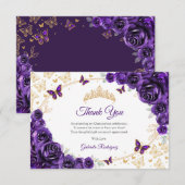 Purple Gold Floral Quinceanera サンキューカード (正面/裏面)