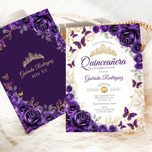Purple Gold Floral Quinceanera 招待状