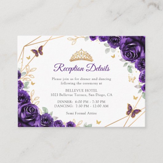 Purple Gold Floral Quinceanera Reception Details エンクロージャーカード (正面)