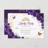 Purple Gold Floral Quinceanera Reply 出欠カード (正面/裏面)