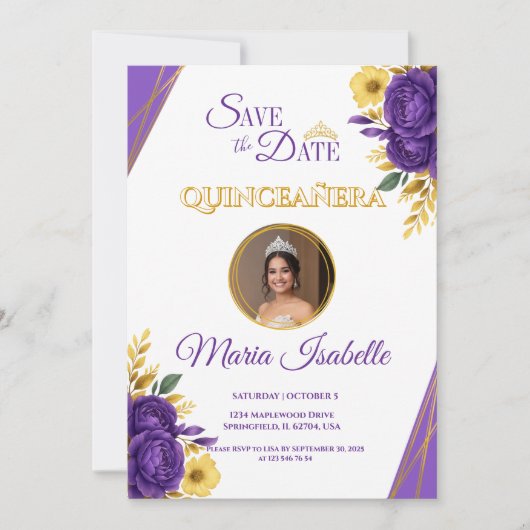 Purple & Gold Floral Quinceañera Save the Date 招待状 (正面)
